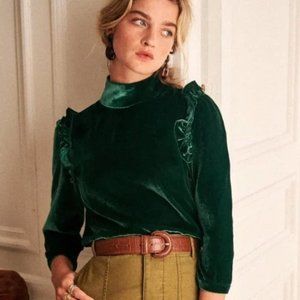 Velvet Ruffle-Trim Mock Neck Blouse - Emerald Green